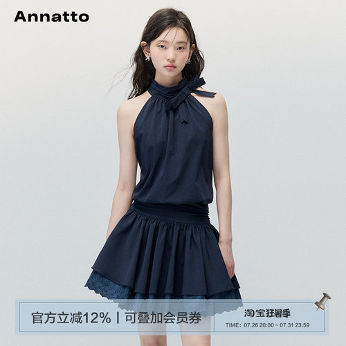 ANNATTO藏青色挂脖无袖连衣裙女