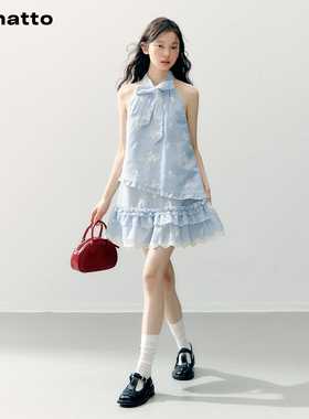 ANNATTO【3月4日晚20点享1件95折】夏季蓝色挂脖蝴蝶结a字连衣裙