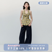 ANNATTO 第七页盛夏 夏季黄色格纹挂脖吊带背心牛仔裤套装女