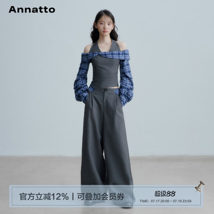 ANNATTO 春季一字肩格纹拼接挂脖修身显瘦长袖背心阔腿休闲裤套装
