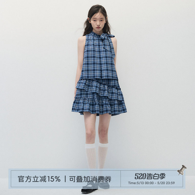 ANNATTO 不眠海 夏季蓝色格纹宽松显瘦无袖荷叶边蛋糕连衣裙女