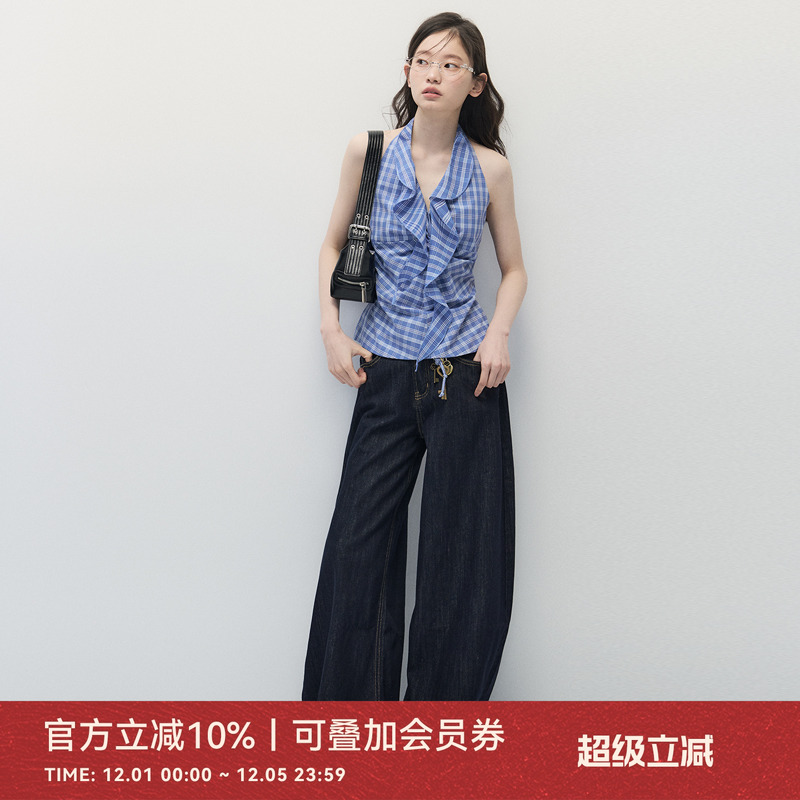 ANNATTO 都市浪漫 夏季设计感蓝色格纹V领挂脖背心上衣牛仔裤女