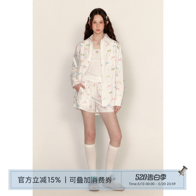 ANNATTO 蝴蝶结印花套装女长袖衬衫+短裤减龄显瘦遮肉两件套