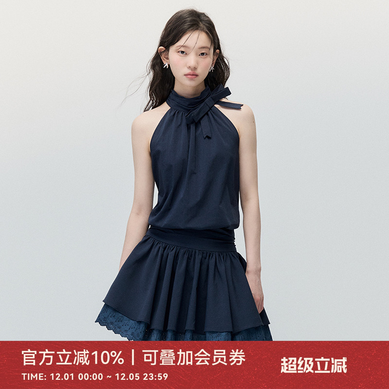 ANNATTO藏青色挂脖无袖连衣裙女