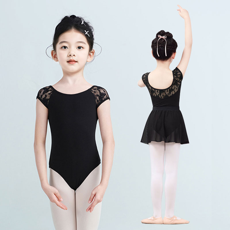 舞蹈服儿童女夏季短袖练功服蕾丝背心芭蕾舞服女童跳舞连体体操服