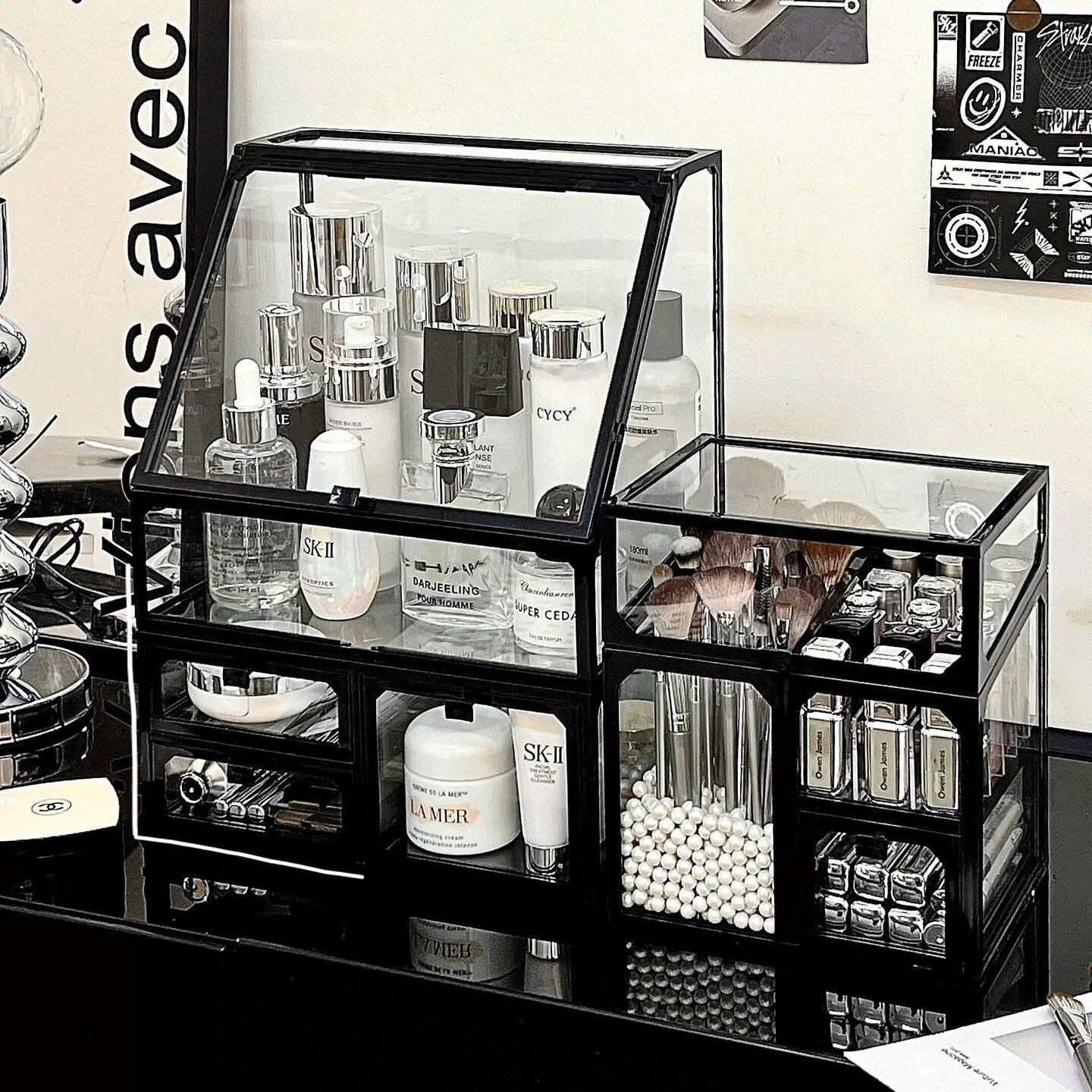 日式精工轻奢高级感化妆品收纳箱柜桌面收纳盒梳妆台防尘护肤品