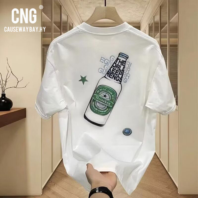 香港潮牌重磅男士短袖T恤夏半袖薄款啤酒瓶个性韩版修身圆领体恤