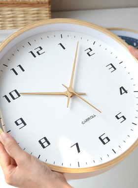 12寸原木色风格钟表卧室静音北欧挂墙挂钟木质日系客厅简约创意表