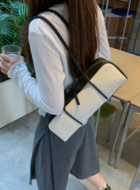 Unique blue法棍包亚麻拼皮波士顿包腋下手拎通勤百搭气质单肩包