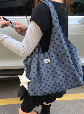 Unique blue波点托特包女大容量手提腋下包hobo慵懒风通勤单肩包