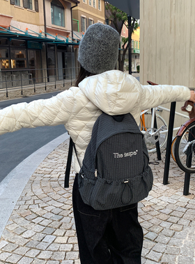 Unique blue格纹拉链双肩包大学生通勤女学生书包冬轻便百搭背包