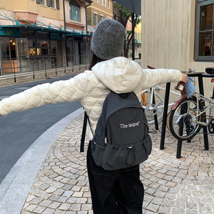 Unique blue格纹拉链双肩包大学生通勤女学生书包冬轻便百搭背包