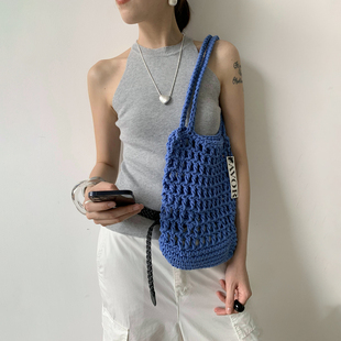 草编手提包单肩包 大容量手工编织包镂空网格夏季 Unique blue韩版