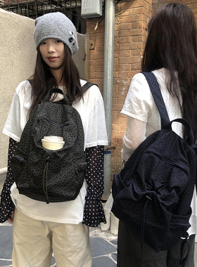 Unique blue原创设计学院风背包豹纹波点百搭书包高中学生双肩包