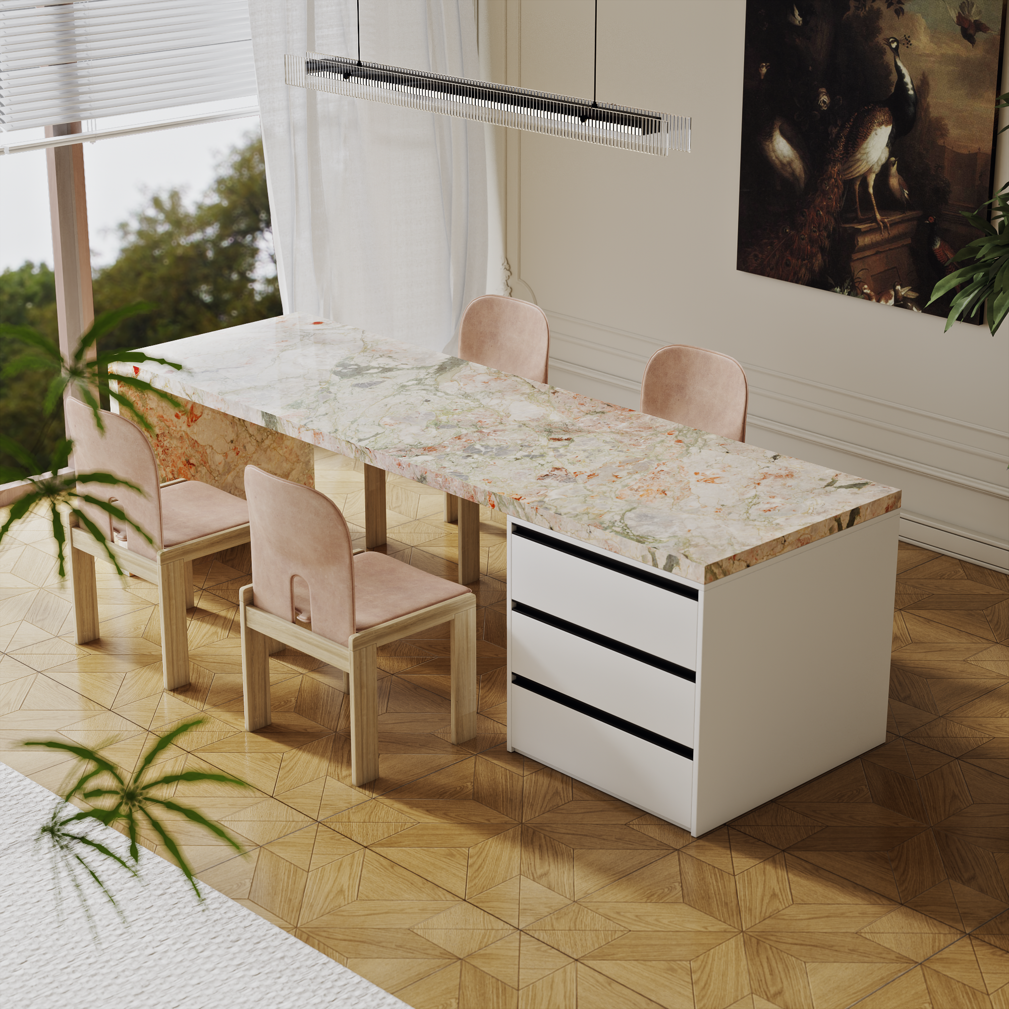 法式奶油齐平岛台餐桌一体四季粉烟粉岩板中导台轻奢高端定制倒台