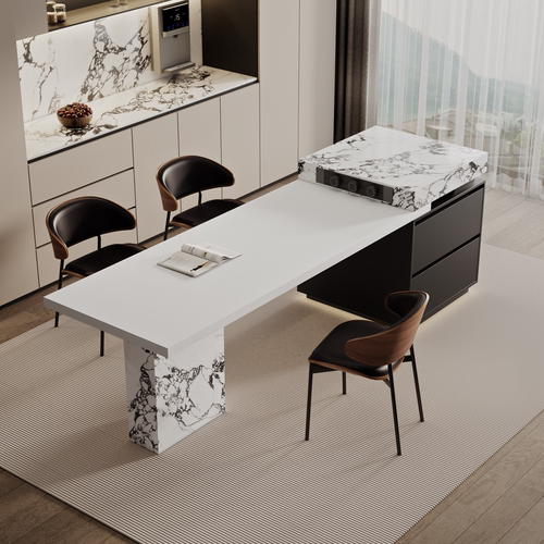 复古风宝格丽岩板岛台餐桌一体可伸缩大户型开放式厨房餐厅中岛台