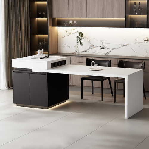 意式岛台餐桌一体家用可伸缩岩板中导台厨房窄储物茶吧倒台