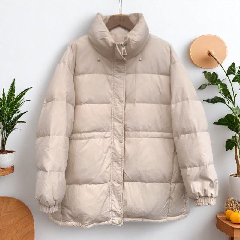 2025女士冬季羽绒服加厚中长款韩版宽松立领小个子面包白鸭绒外套