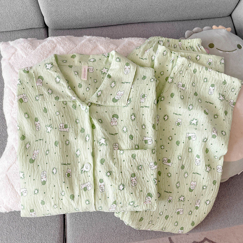 春秋季清新绿狗狗云朵纯棉纱睡衣女款夏天长袖学生可爱开衫家居服