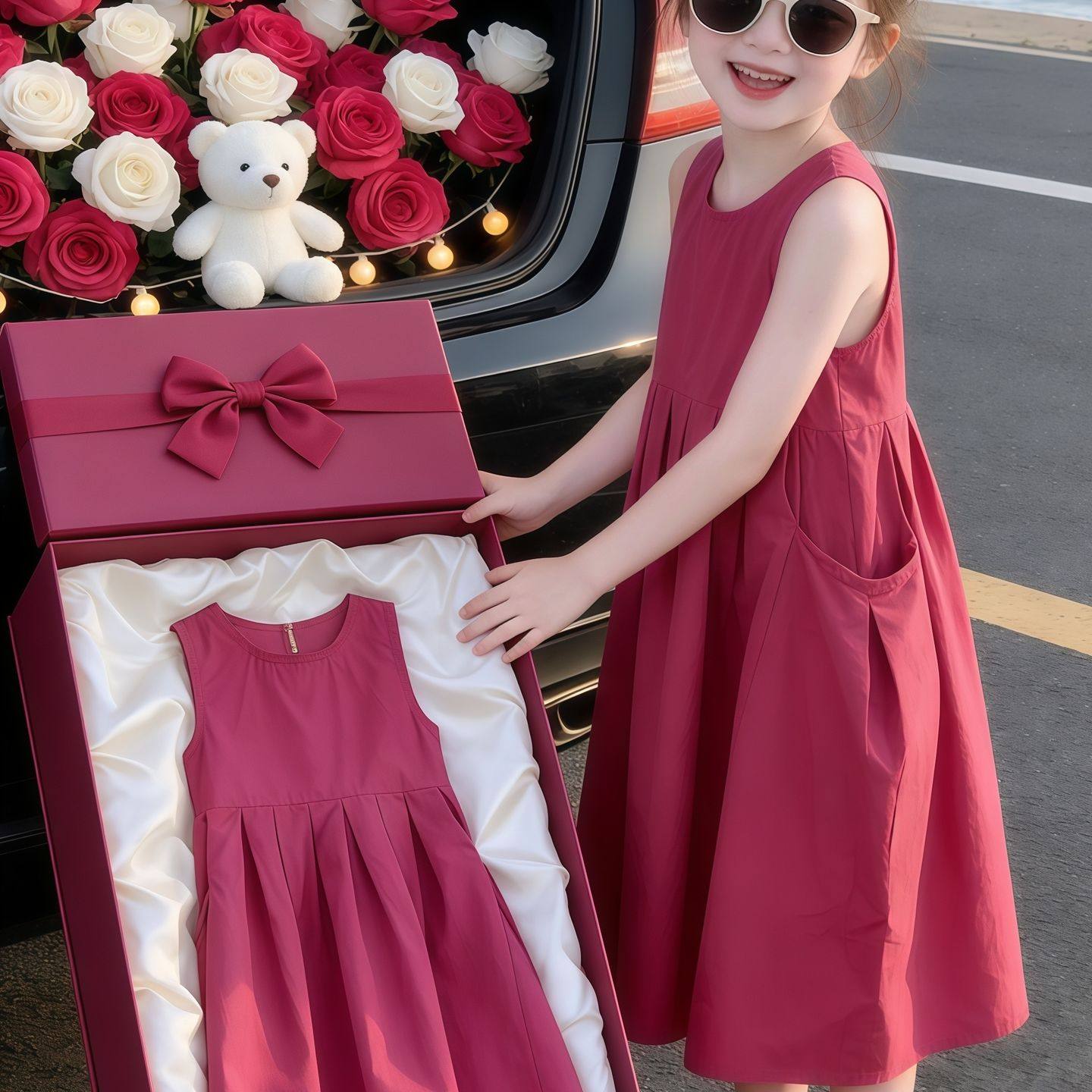 高级感纯棉女童连衣裙火龙果色夏款大口袋裙子儿童长裙公主裙大童