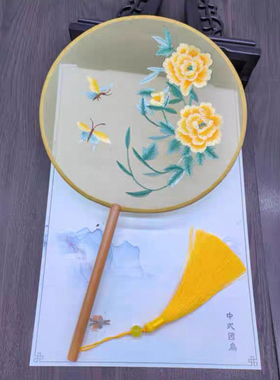 夏天双面绣花团扇长柄宫廷扇汉服女舞蹈扇中国风刺绣摄影圆形扇子