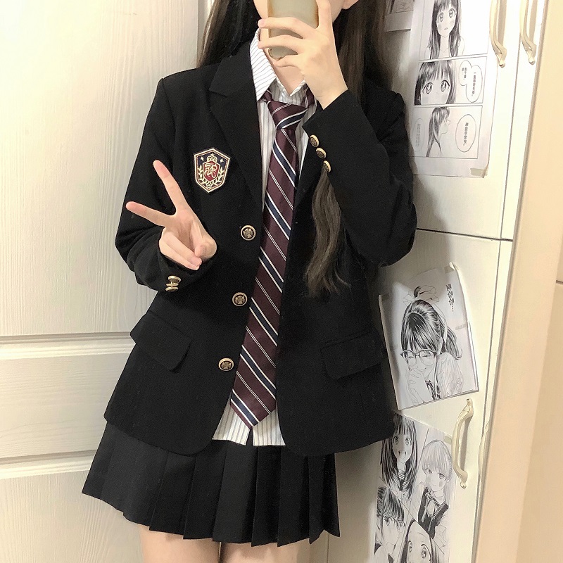 原创jk制服黑色西装外套女大学生学院风校供感绀色三粒扣西服上衣