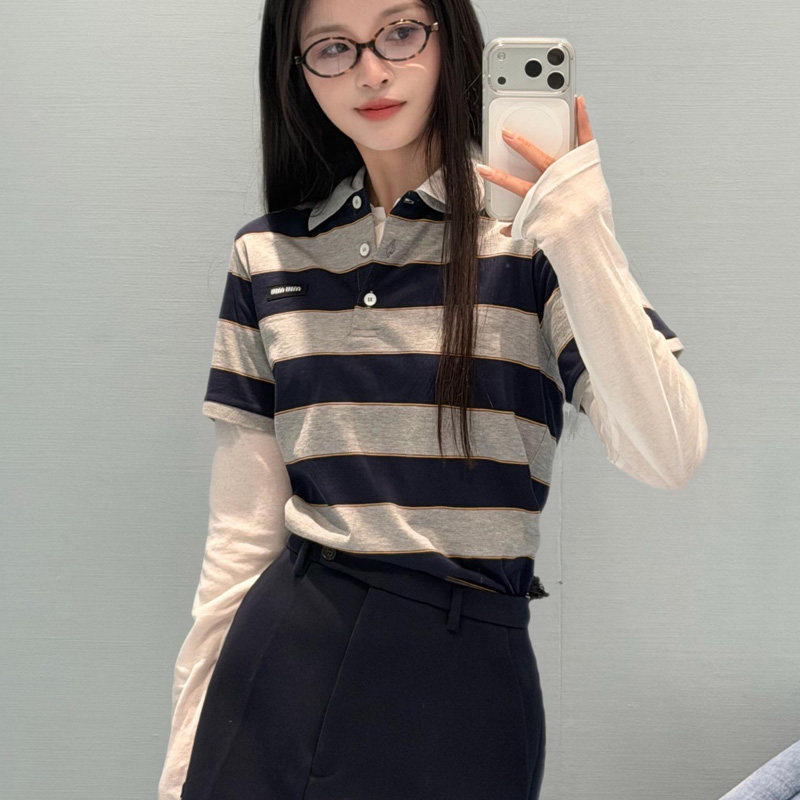 2026春季新款口袋休闲条纹polo领简约百搭短袖T恤女上衣棉质撞色