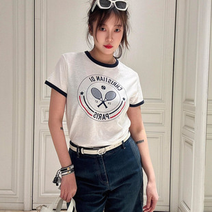 网球拍印花时尚 新款 亚麻棉打底衫 短袖 潮 热卖 衫 白色T恤女2025夏季