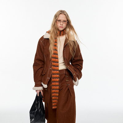 Damaskeen 复古撞色摇粒绒拼接收腰牛仔棉服外套