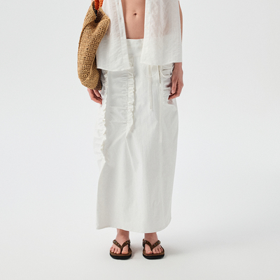 Damaskeen宽腰头不规则褶皱直筒半身裙长裙