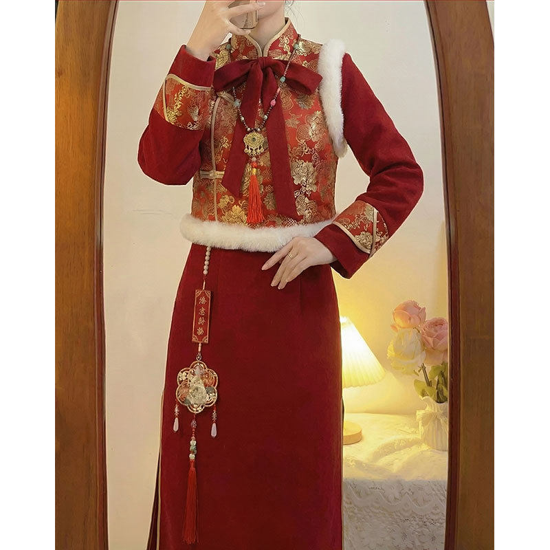 知心衣秋冬季新款古风新中式女长款红色马甲连衣裙森系保暖两件套,女装/女士精品,时尚套装,淘宝优惠券,粉丝福利购,淘宝优惠卷