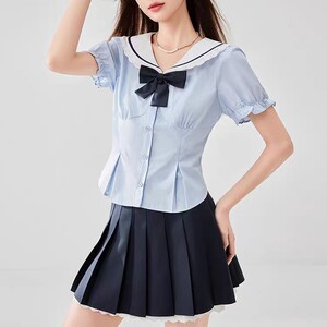 25夏季新款韩版甜美减龄学院风百搭上衣配蝴蝶结百褶短裙时尚套装