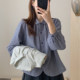 新款 女2026春季 休闲宽松百搭洋气通勤上衣潮 翻领衬衫 复古条纹长袖