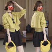 百搭翻领收腰上衣 女2026春新款 港风时尚 单排扣假两件拼接针织衬衫