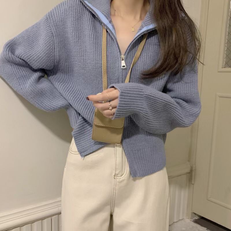 2026春新款立领坑条毛衣女短款针织开衫小外套拉链门襟韩版上衣