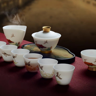 高端品茗杯主人杯茶海 羊脂玉瓷盖碗手绘堆金中国白瓷功夫茶具套装