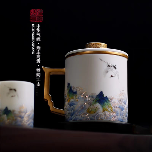 苏田窑x大师手绘羊脂玉瓷办公杯