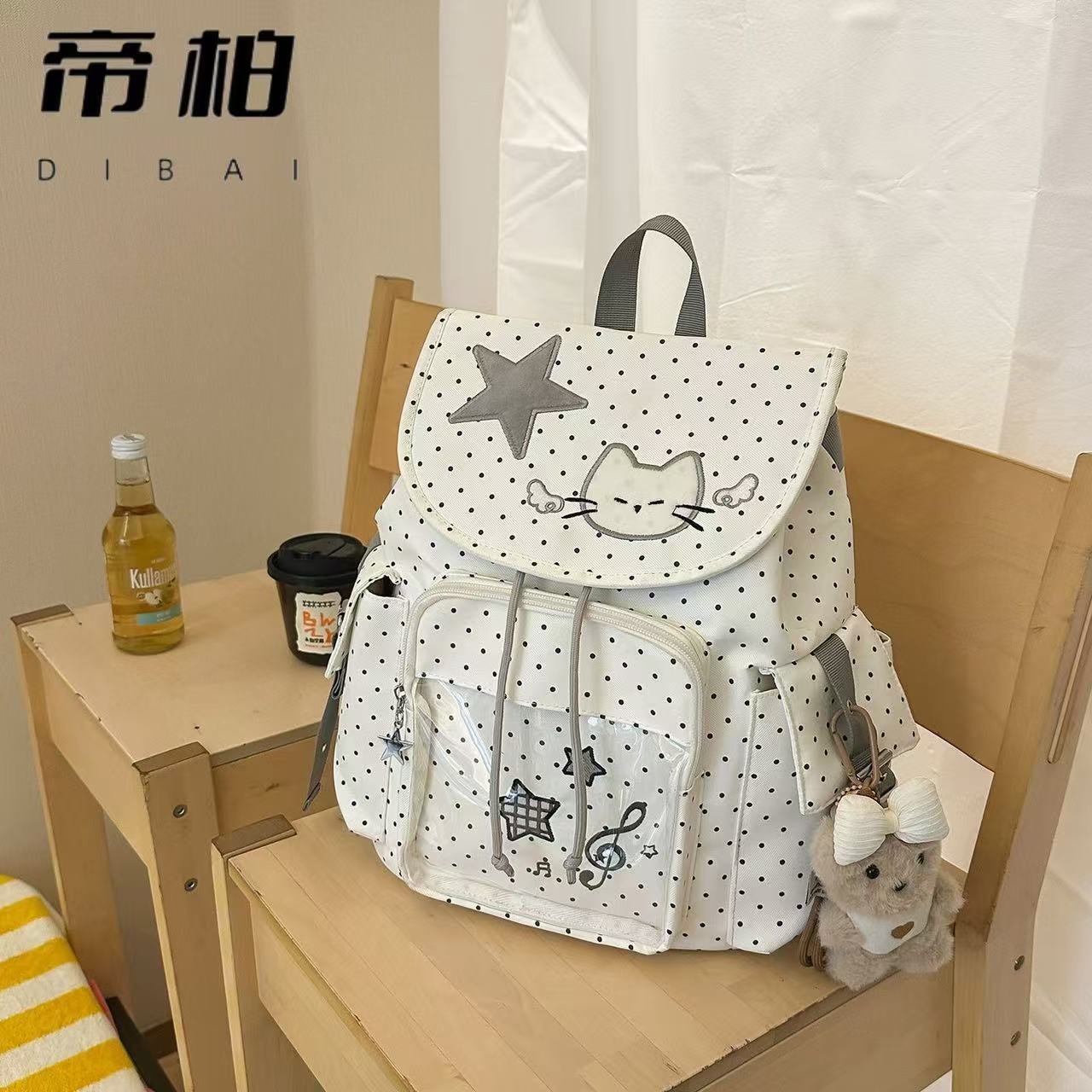 卡通猫咪学院风大容量双肩痛包书包多口袋可爱复古轻亚风上课背包