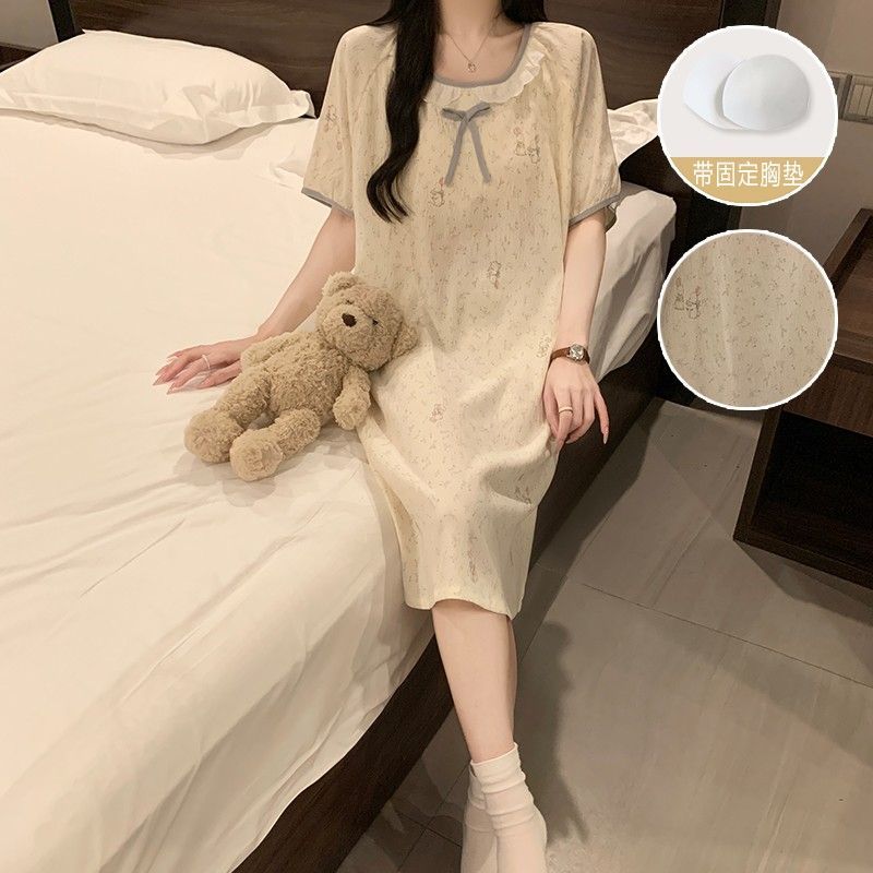 甜美碎花兔子睡裙女夏季带胸垫云朵棉夏天2026新款短袖睡衣家居服