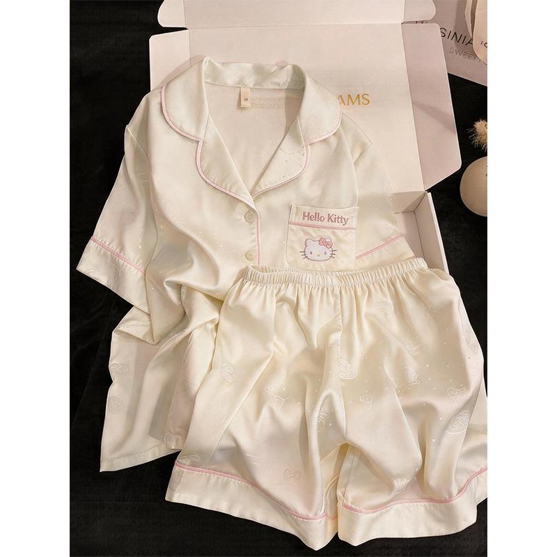 夏季新款冰丝绸奶油小猫睡衣女薄款高级感短袖凉感夏天家居服套装