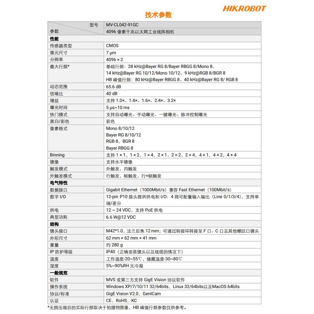 海康威视MV-CL042-91GM/GC全新4096像素线阵工业相机千兆网4K线扫