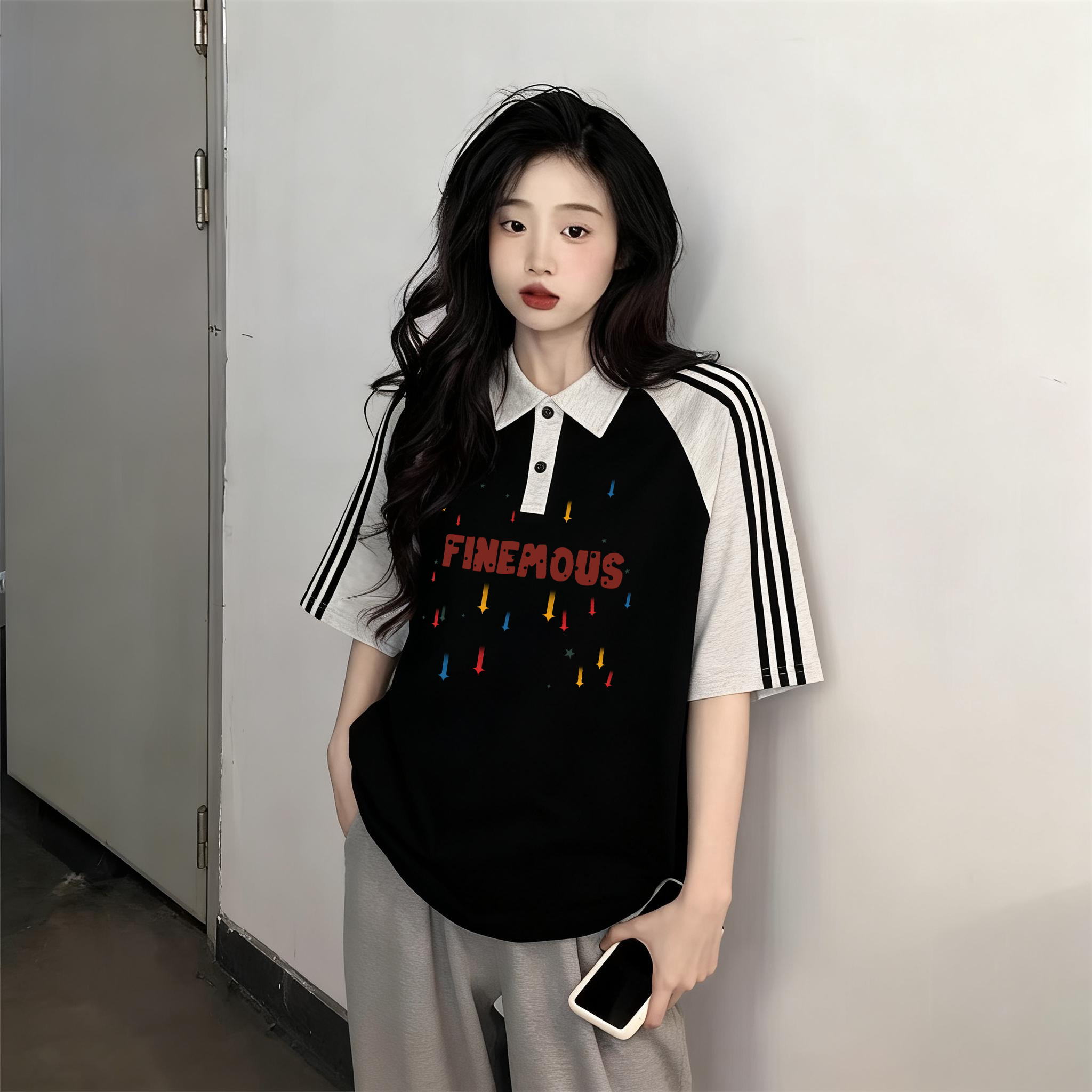 13-18岁初中高中女生夏季插肩三条杠polo领宽松美式短袖T恤上衣