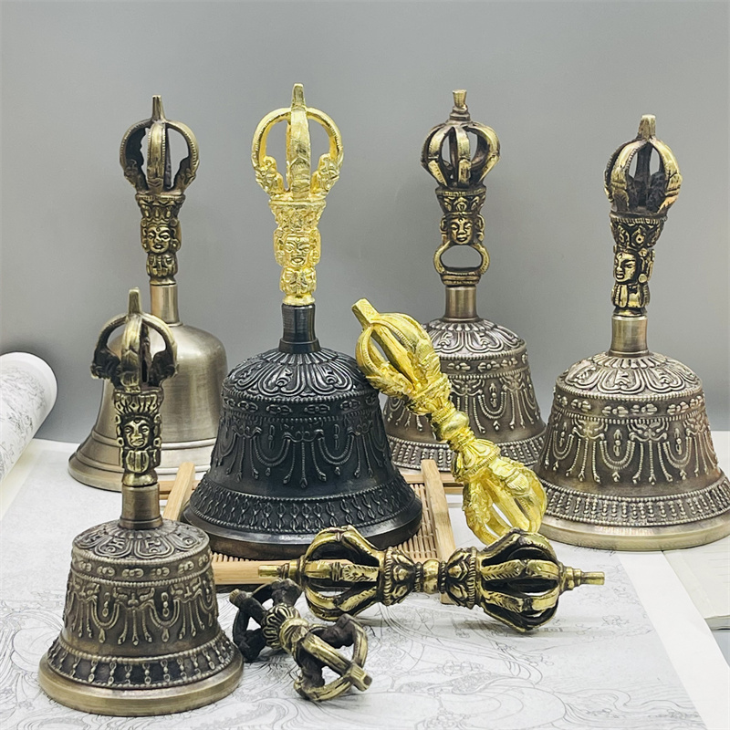 藏传金刚铃杵尼泊尔手工复古法器五股九股纯铜铃铛摇铃乐器唤醒铃