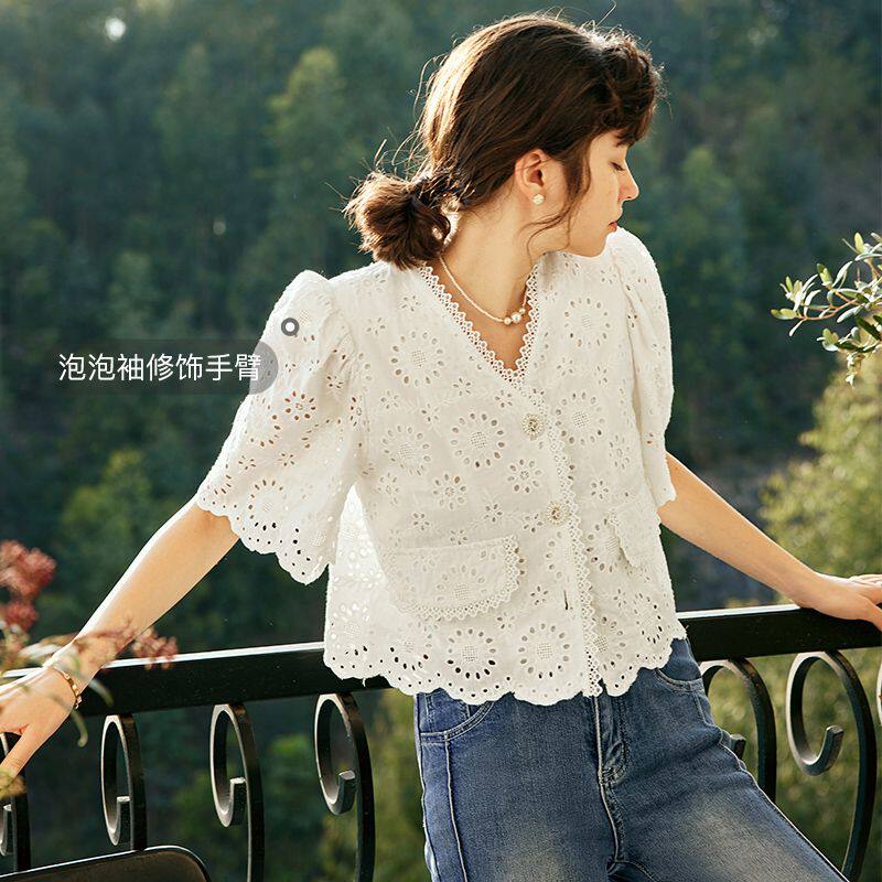 OLrain欧芮儿法式白色v领蕾丝雪纺衫女夏季2023新款镂空刺绣小衫高性价比高么？
