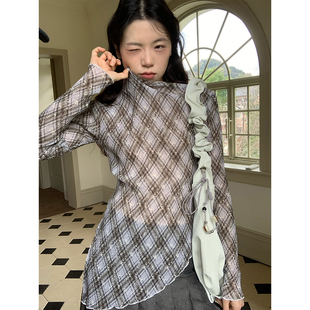 上衣 春季 dorydory菱形格纹透纱褶皱斜下摆长袖 T恤网纱打底衫