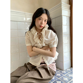 花边系带插肩袖 V领短袖 衬衫 dorydory 法式 小资高级感轻奢减龄洋气