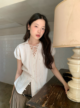 dorydory花苞型系带提花衬衫气质女士短袖上衣高级感轻奢减龄洋气