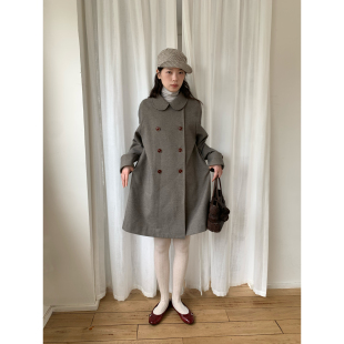 dorydory 毛呢外套2025秋冬 娃娃领双排扣羊毛大衣女小个子中长款