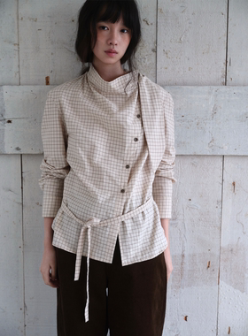 dorydory 复古格纹半高领系带衬衫2026春新款宽松斜门襟上衣女