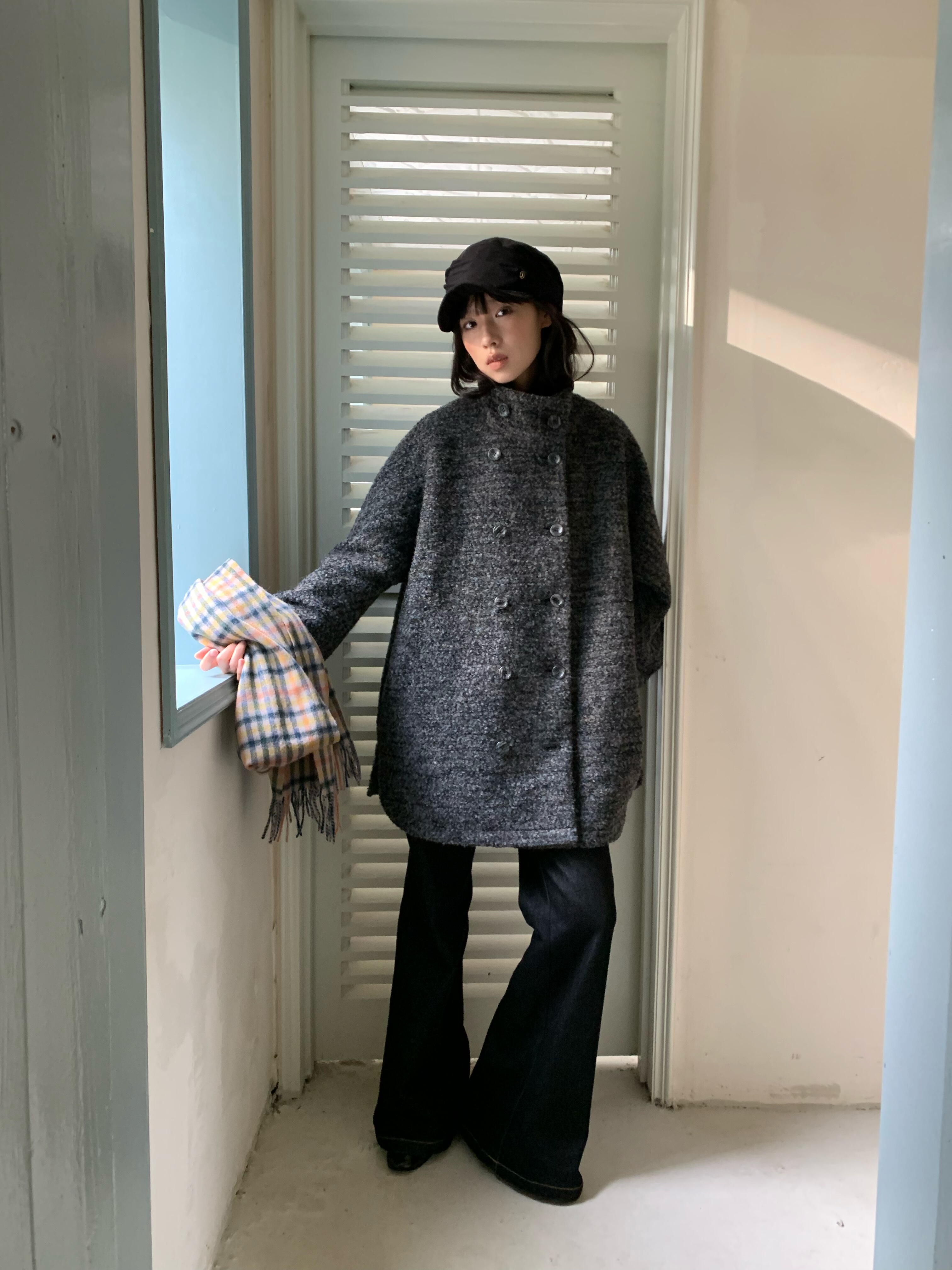 dorydory 深灰色圈圈羊毛呢双排扣外套2025冬季新款中短款大衣女